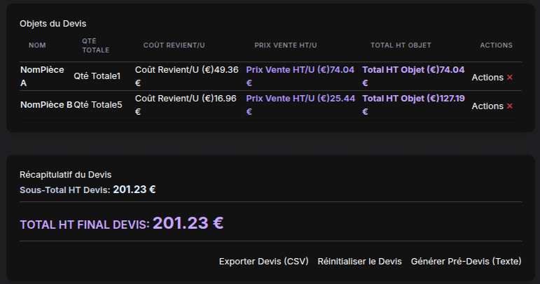 Section récapitulative du devis